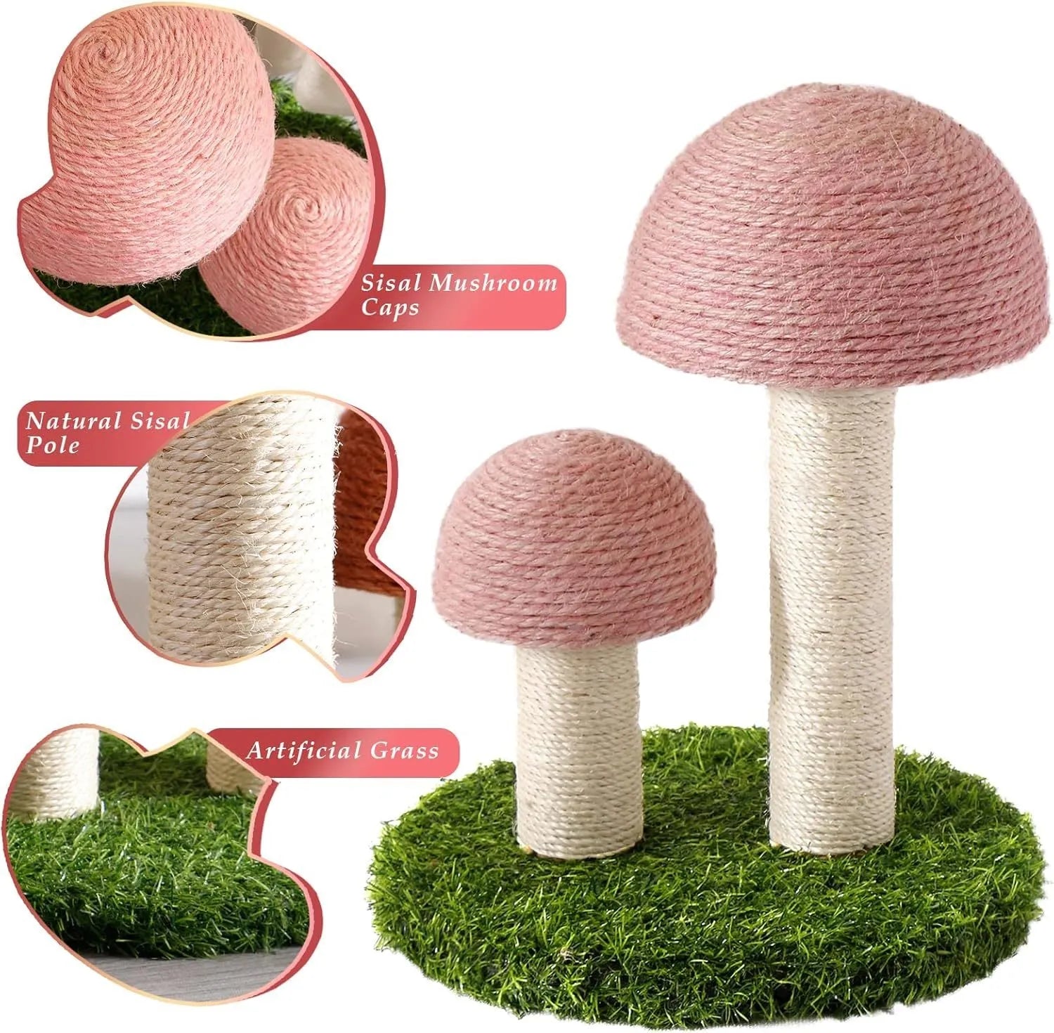 Pink mushroom-shaped cat scratching post with sisal-covered caps and pole for kittens.