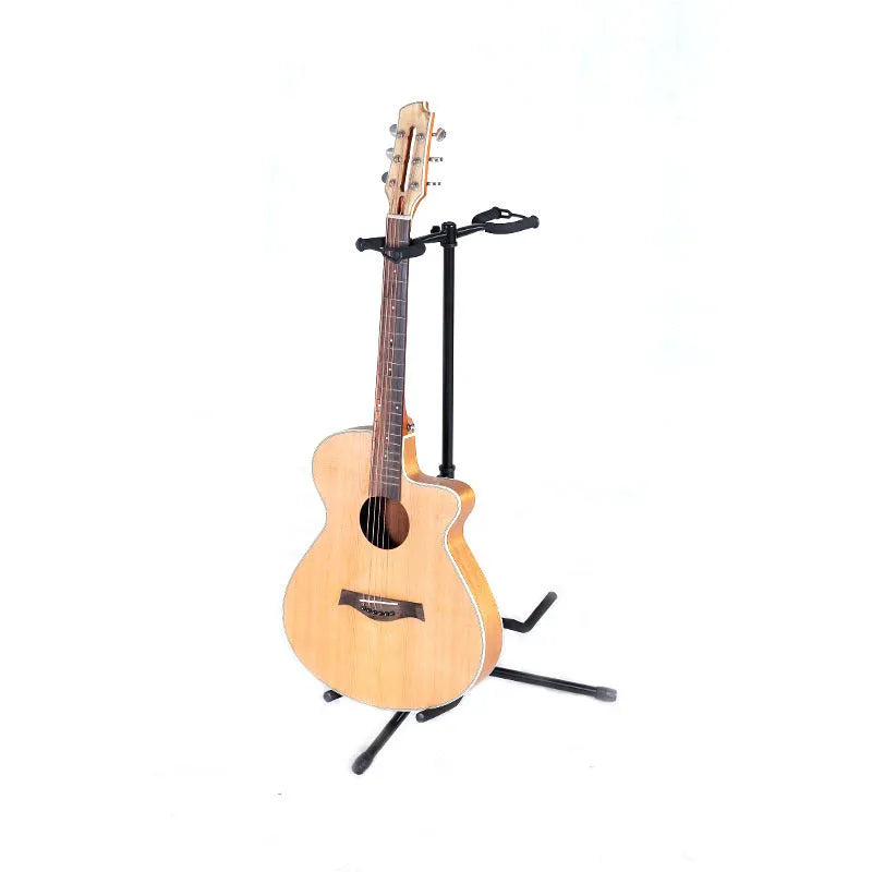 Black iron vertical double-headed adjustable guitar stand holding two instruments