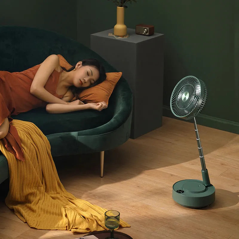 Green rechargeable storage floor electric fan in vertical configuration with telescopic folding design