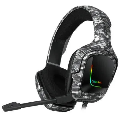 K20 RGB wired gaming headset with microphone, cloth ear muffs, and braided cable in black, camouflage grey, or white