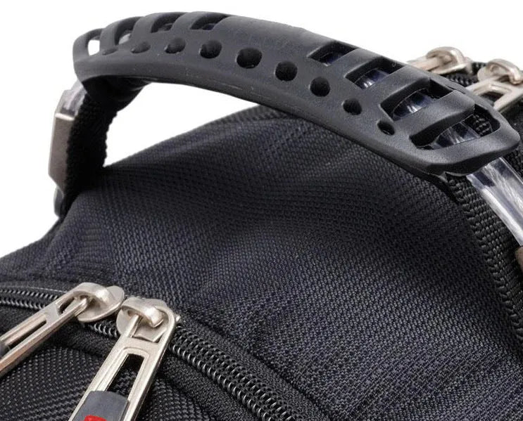 Black 38-litre business laptop backpack open to show three internal compartments and organiser pockets.
