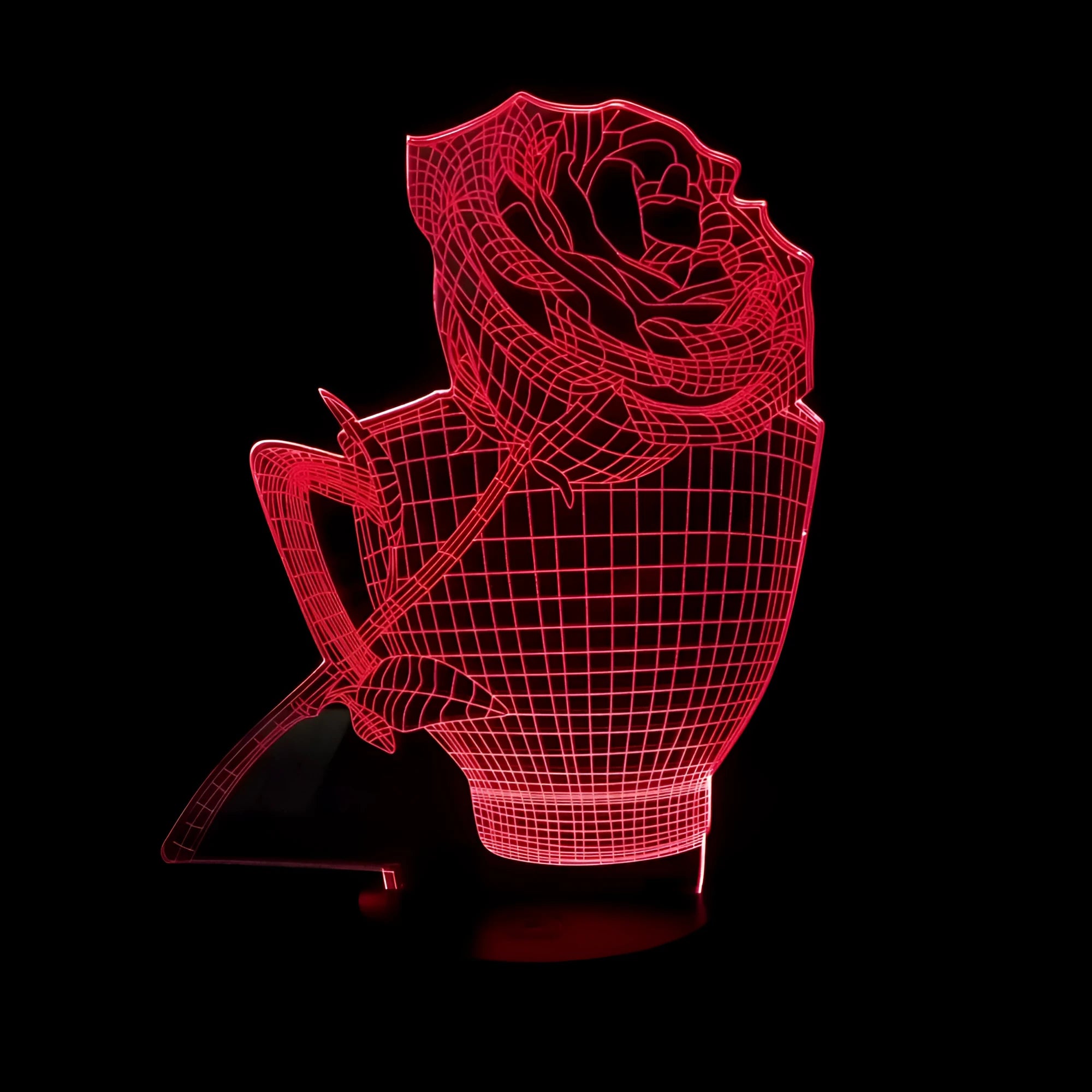 3D rose design night light on a black base showing multicolour gradient illumination.