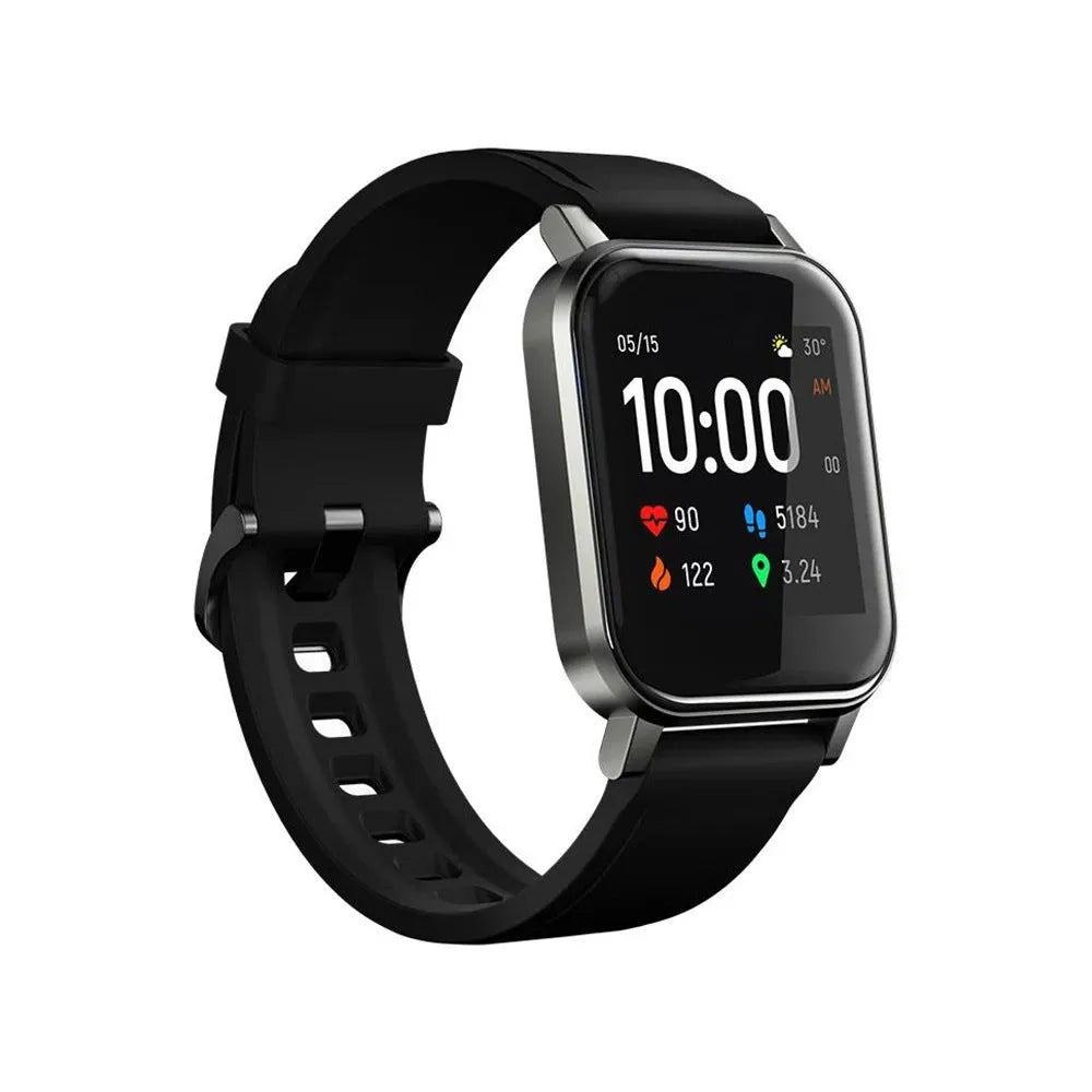 Black waterproof smart fitness bracelet with colour screen on a silicone wrist strap.