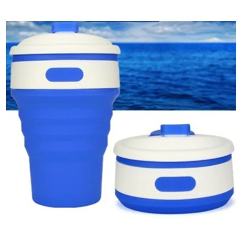 Green collapsible silicone travel cup shown folded and expanded with leak-proof cover