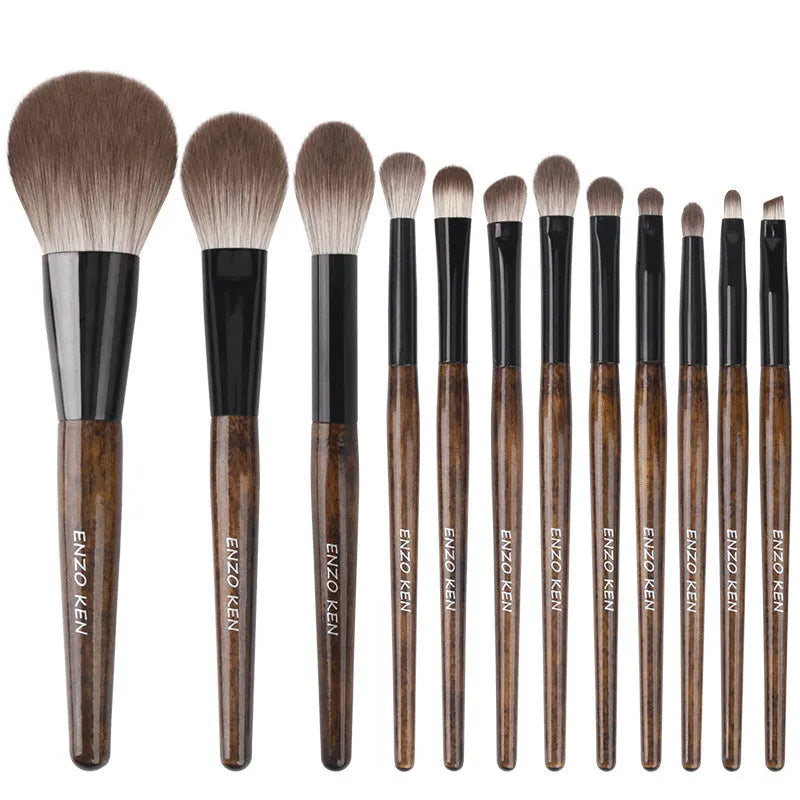 12-piece makeup brush set with wooden handles and PU storage bag