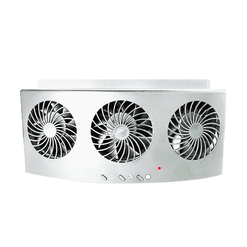 Black and white USB-powered car ventilation fan on a car dashboard