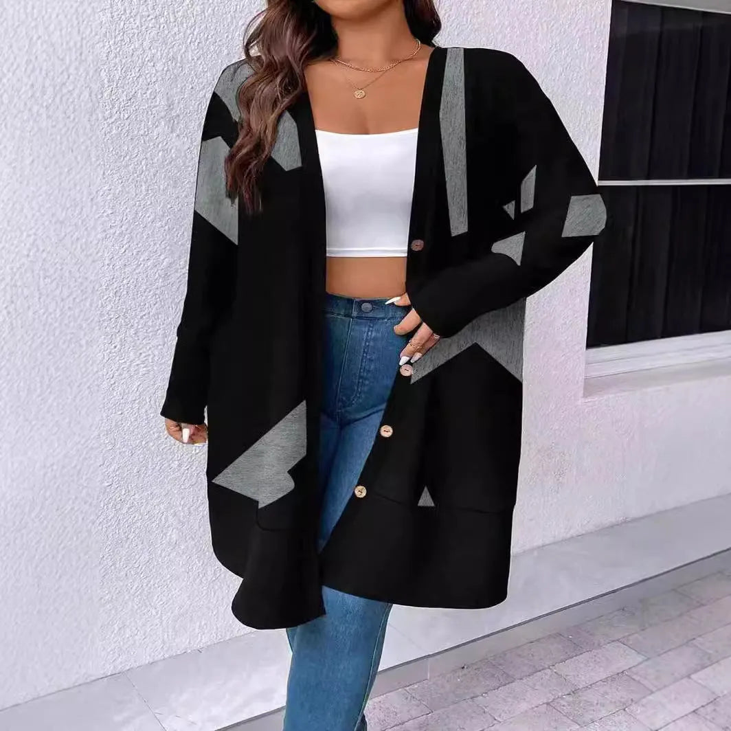 Black loose casual plus size cardigan coat with button stitching and printing design