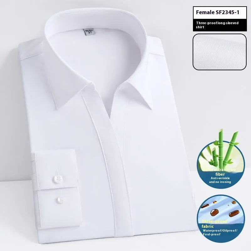 Men's short sleeve bamboo fiber shirt with square collar in solid color, featuring waterproof and stain resistant business formal style