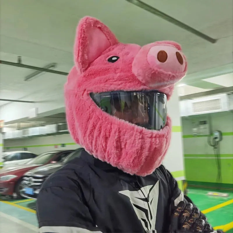 Pink pig cartoon plush hood for motorcycle helmet protection