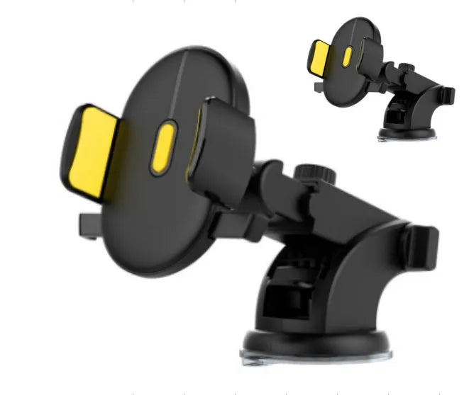 Yellow and black telescopic car phone holder with suction cup mount extended on dashboard