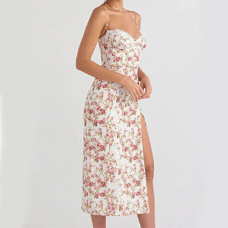 Lace flowers print long dress with high slit and suspender design in polyester fabric