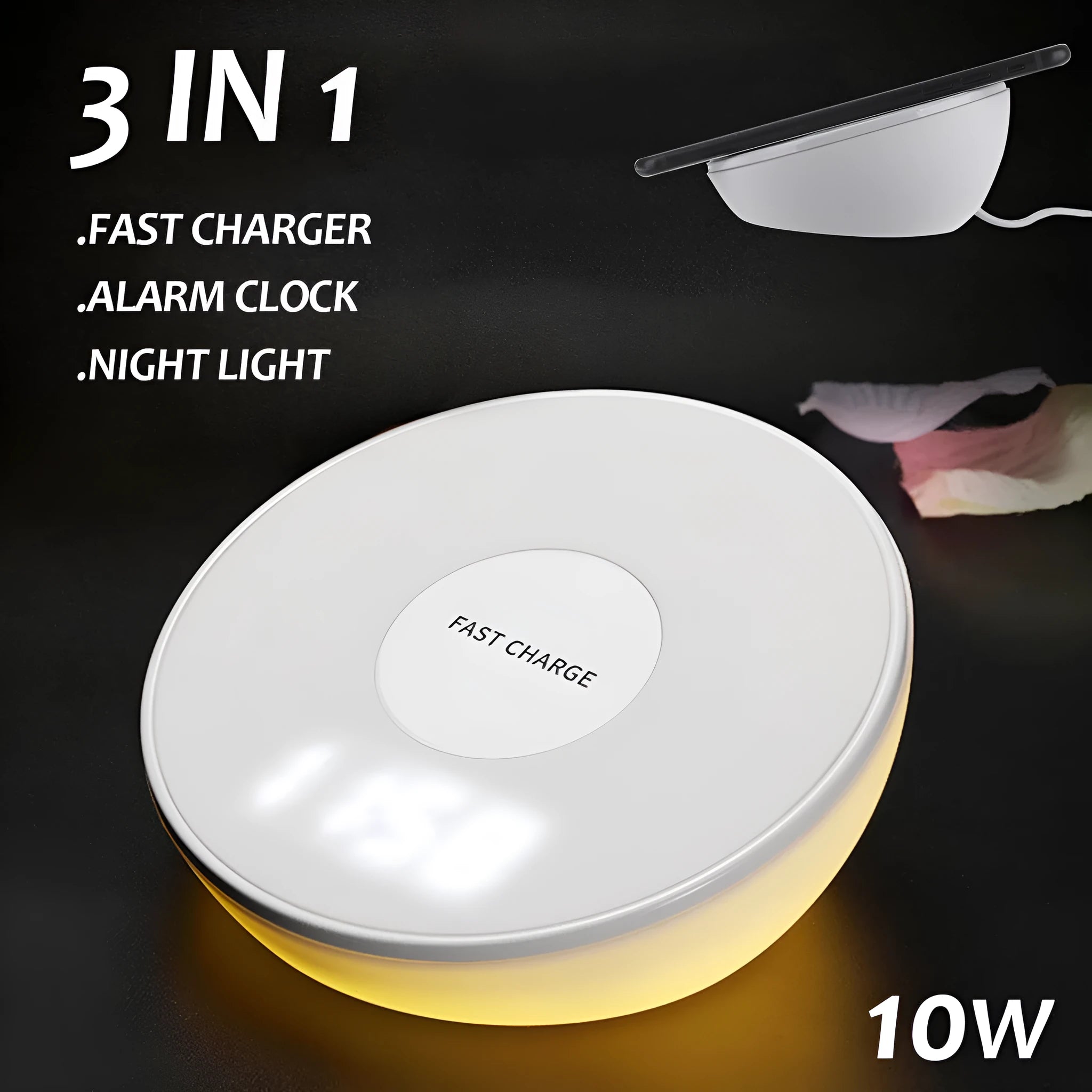 White QI wireless phone charger with clock display showing time, 10W fast charging capability