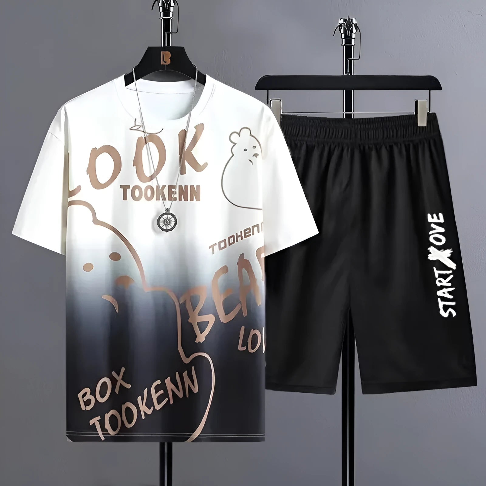 Men's summer ice silk two-piece suit set with short sleeve top and matching shorts in polyester fabric