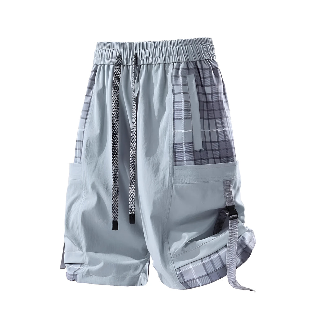 Men's loose-fit cargo shorts with plaid stitching detail in black, grey, or smoky grey.