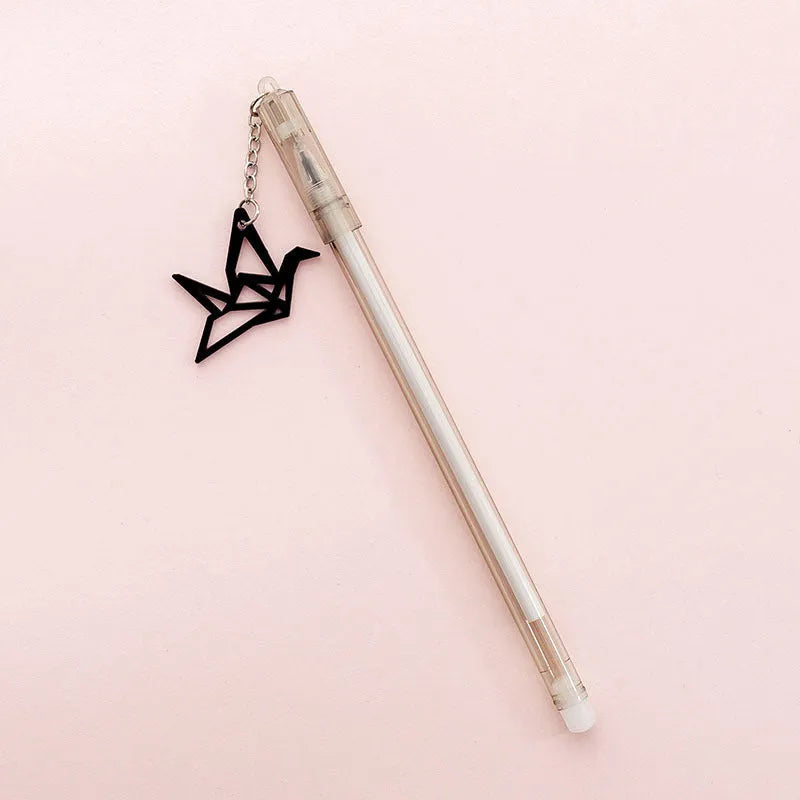 Plastic gel pen with paper crane or rabbit pendant decoration showing 0.38mm tip and 17cm length