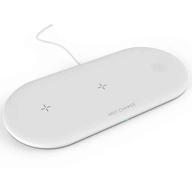 A black three-in-one desktop wireless charging station for an iPhone, an Apple Watch, and wireless headphones.