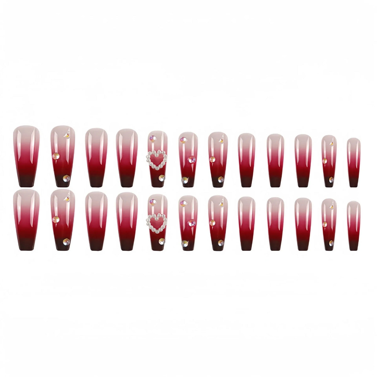Wine red gradient fake nail tips with pearl heart design and plaid pattern in long ballet style
