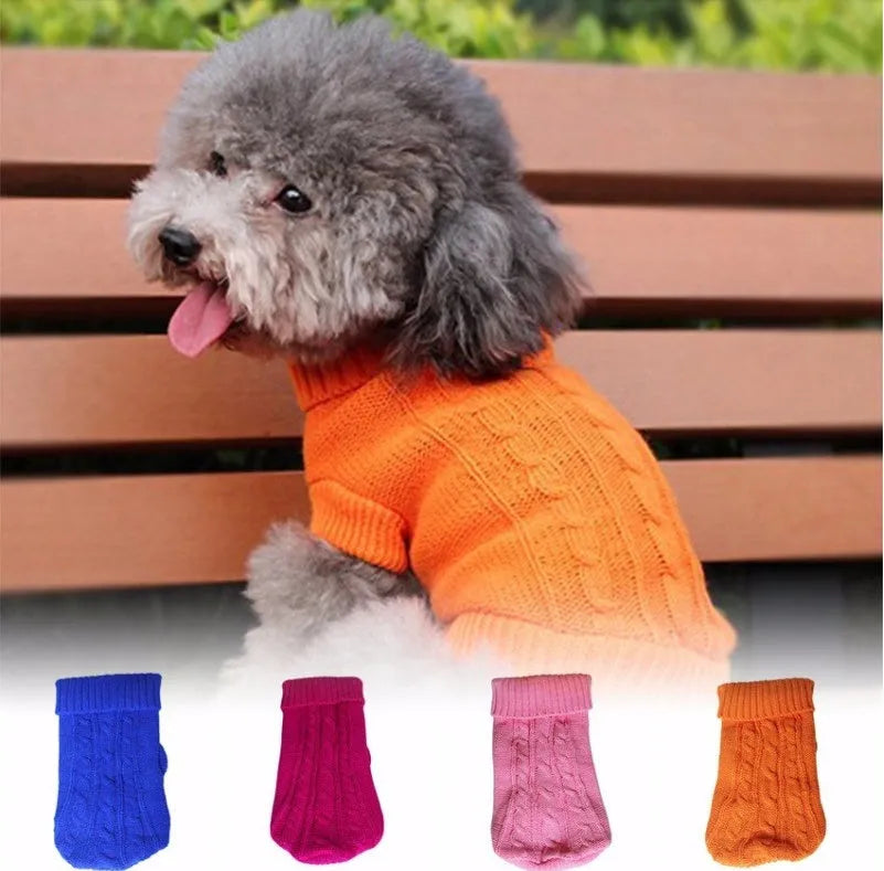 Knitted wool dog sweater with fabric buttons, available in eight colours and sizes XS to XXL