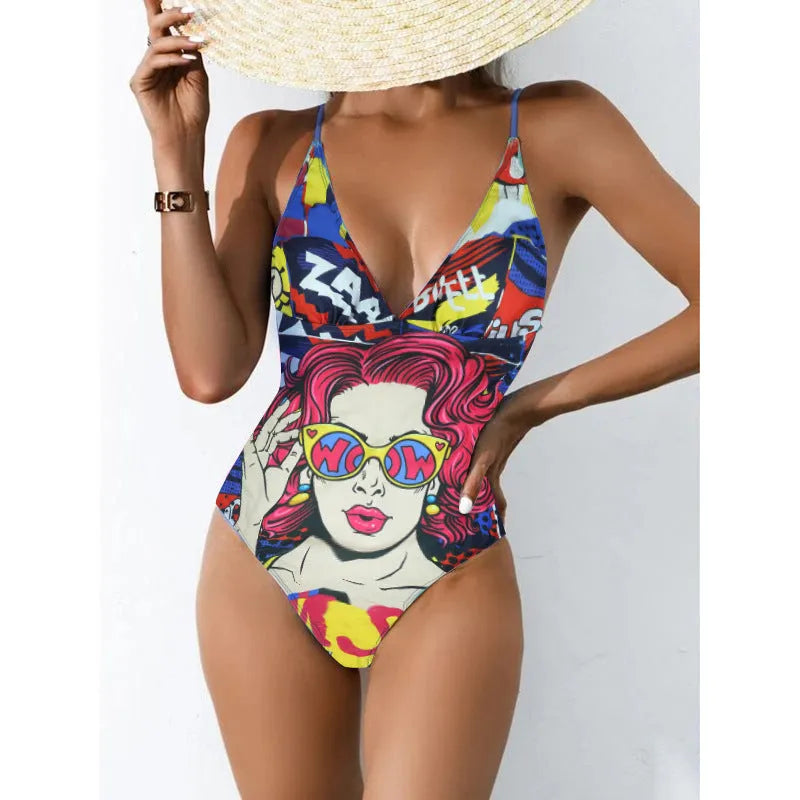 Women's plus size printed bikini swimsuit in solid colour with backless one-piece design