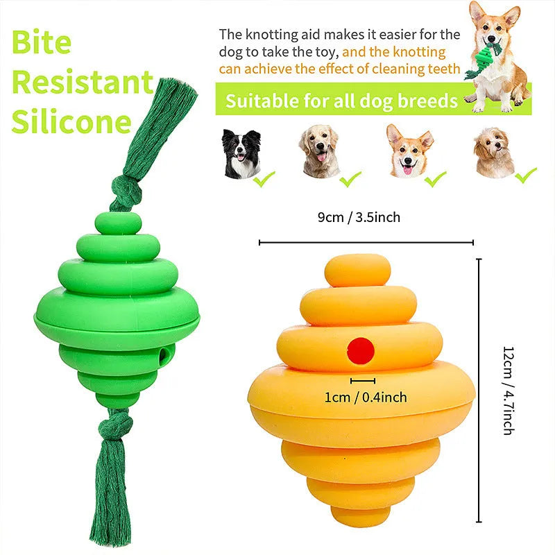 Large green and yellow dog ball with rope attachment for interactive play and treat dispensing