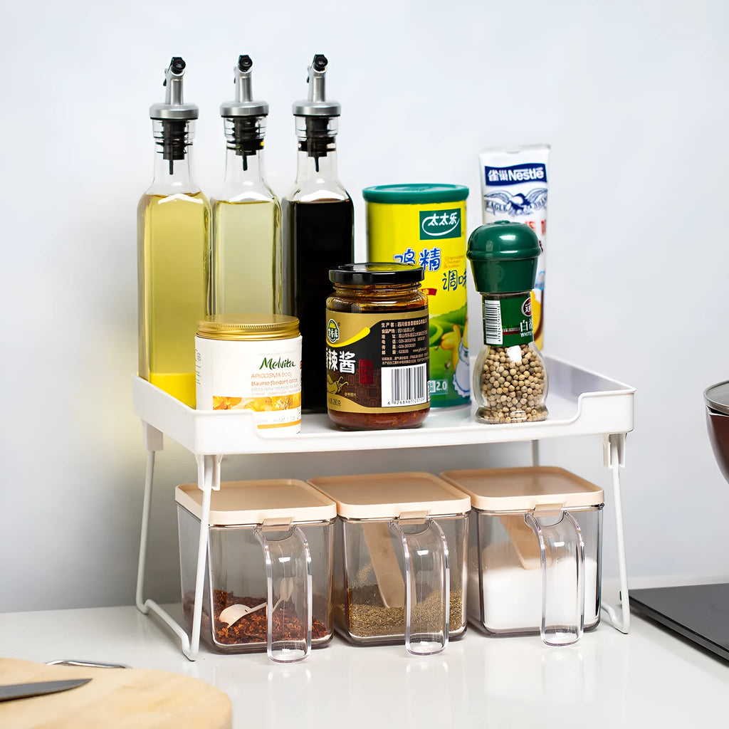 Transparent or white plastic kitchen supplies rack for countertop, cupboard and desktop organisation