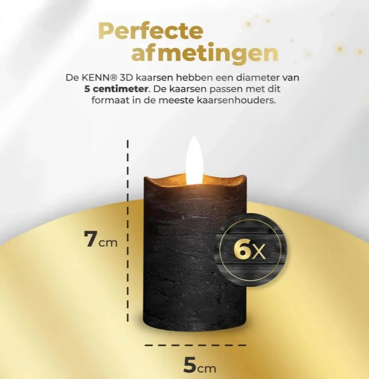 Black S6 LED pillar candle showing its pillar shape and dimensions of 5 cm diameter by 7 cm height
