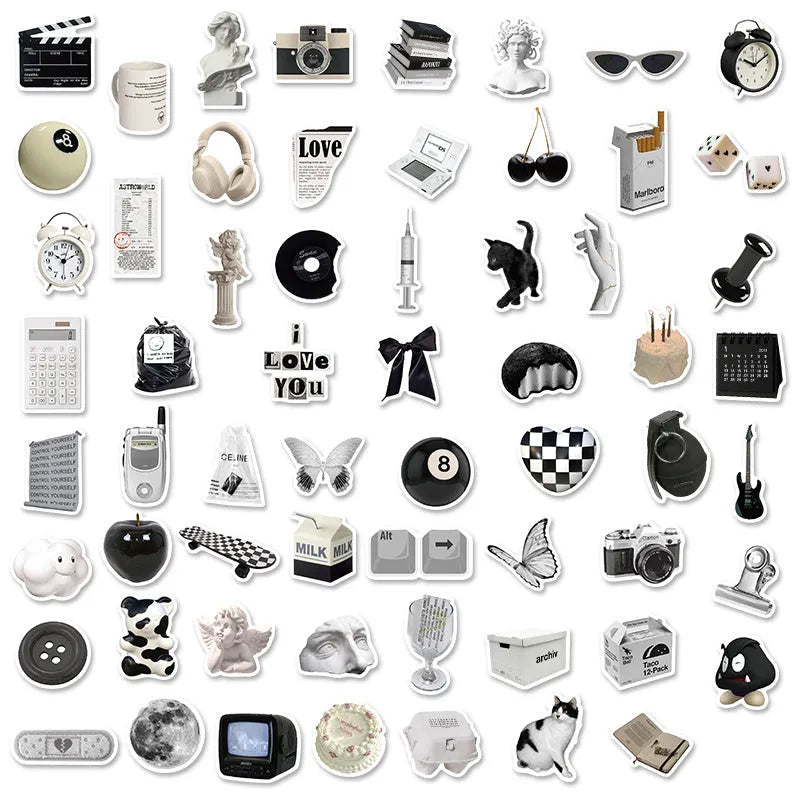 61-piece pack of black and white simple style PVC waterproof stickers for laptops and phones.