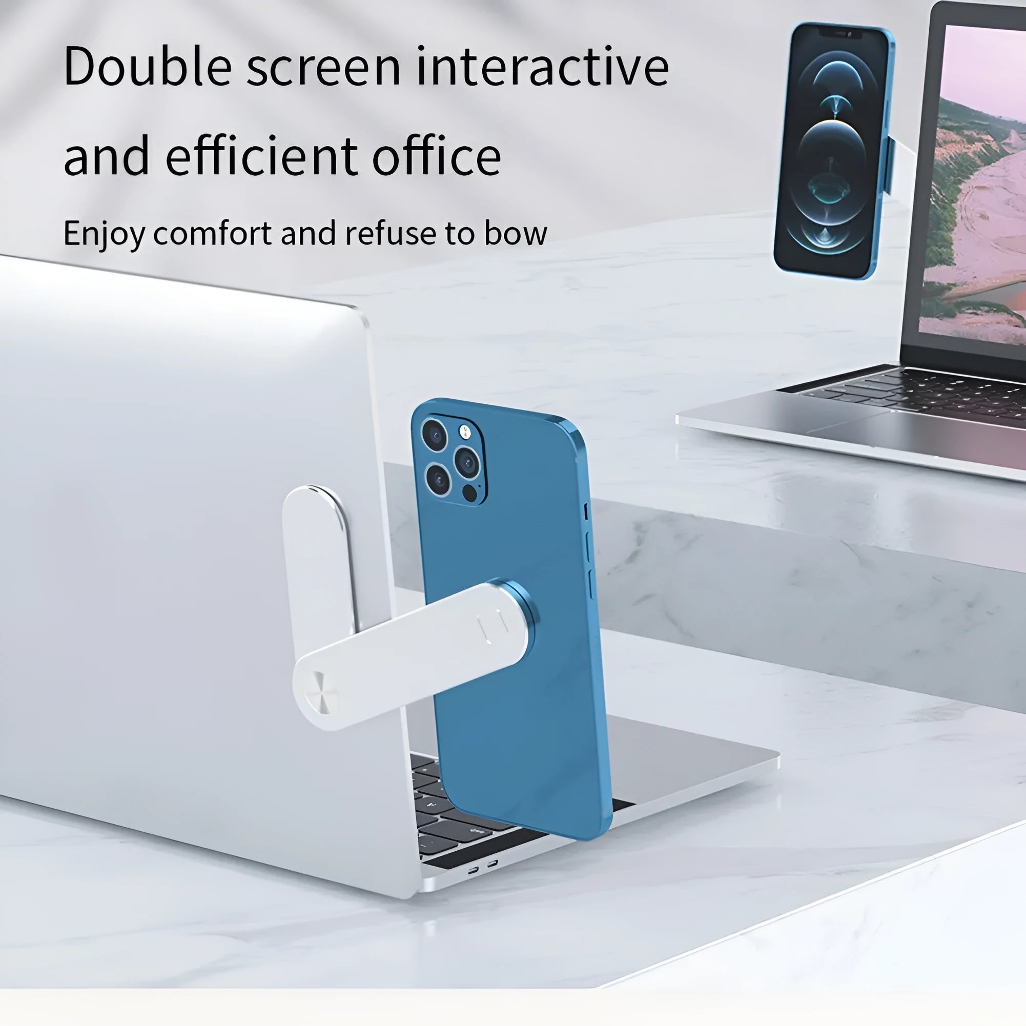 Aluminium laptop phone holder with magnetic clip mounted on laptop edge holding smartphone