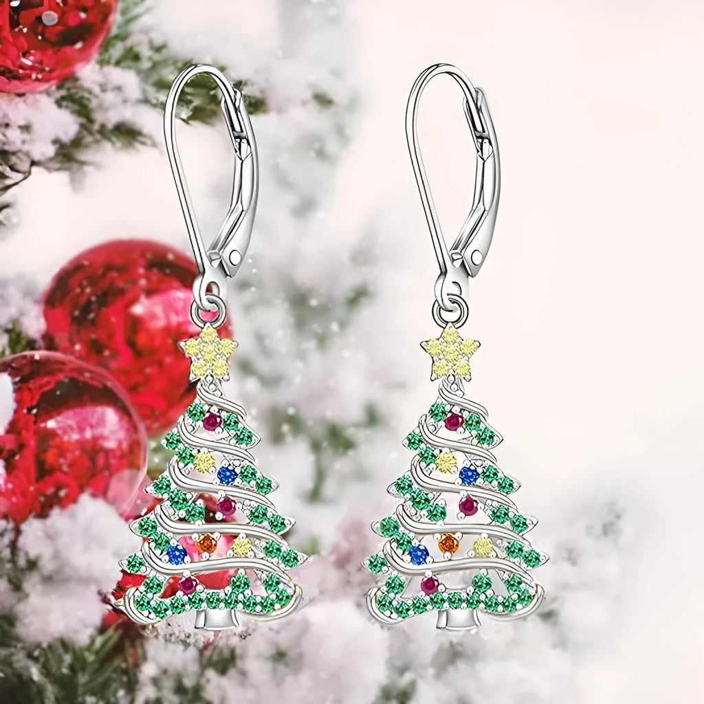 Christmas tree design earrings with star elements in white gold colour for women