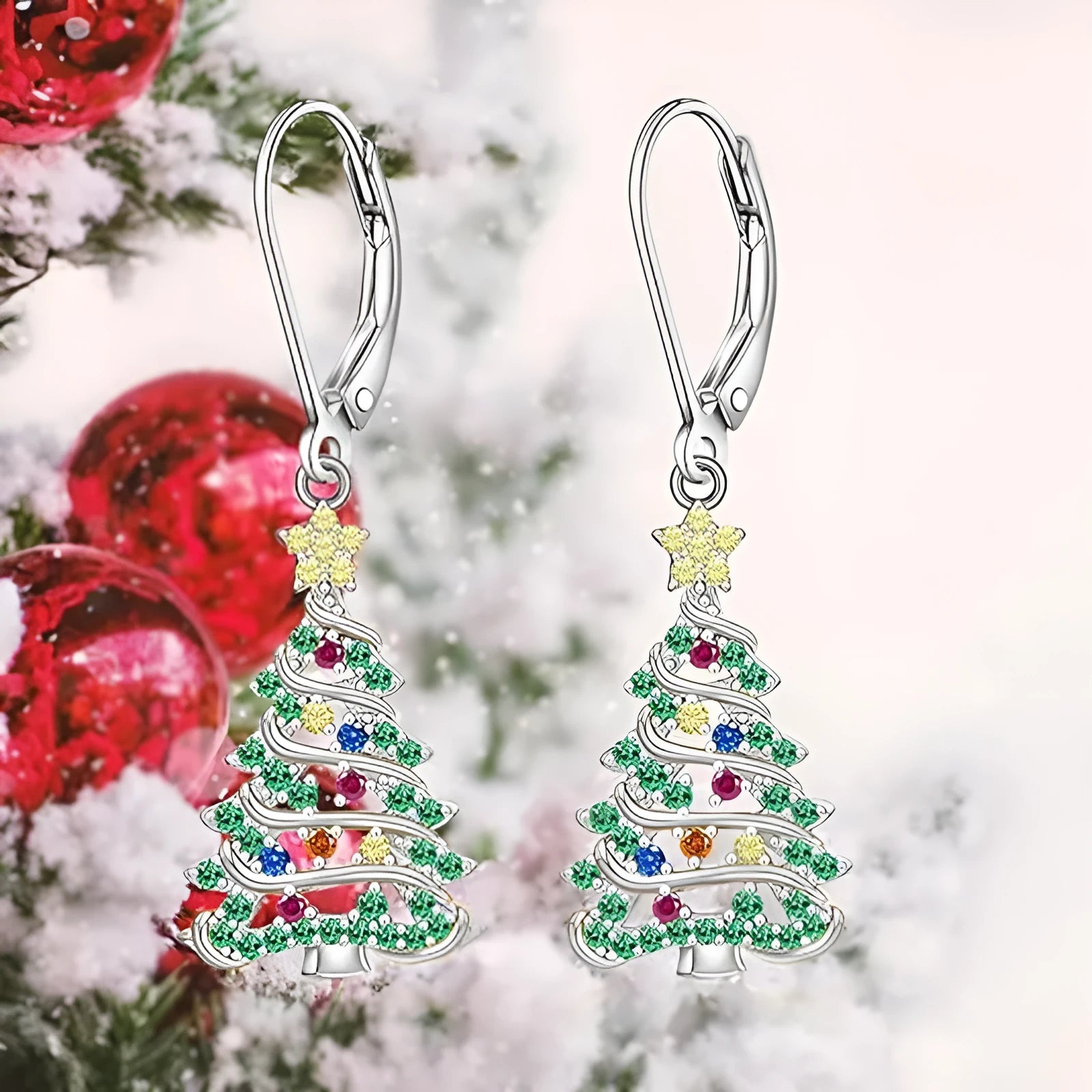 Christmas tree design earrings with star elements in white gold colour for women