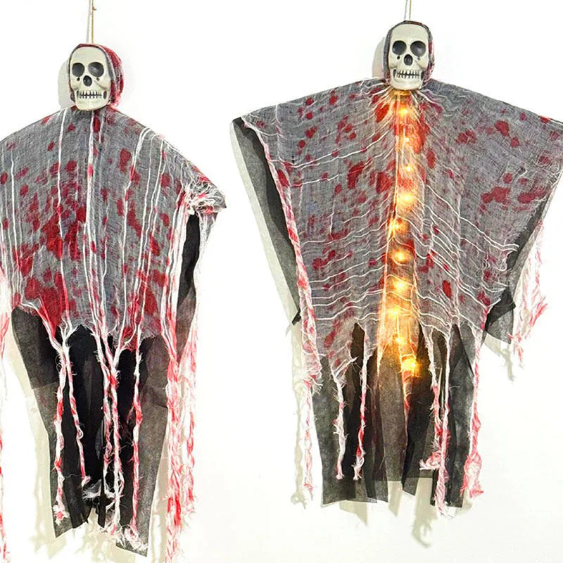 Plastic Halloween decoration showing luminous hanging ghost with blood-dyed skull design