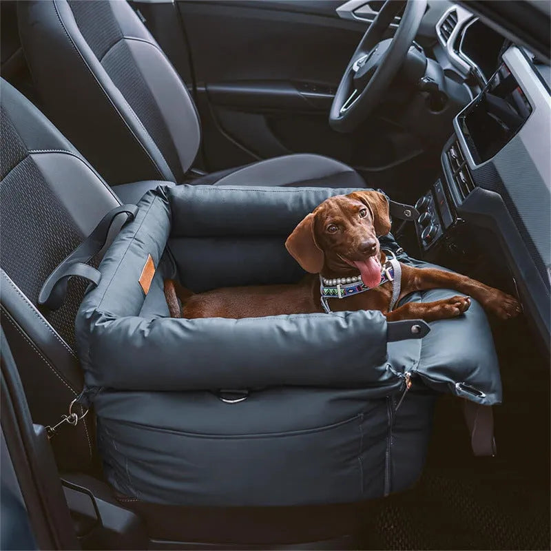 Green waterproof dog car bed with removable cover on a car seat, measuring 55cm by 50cm.