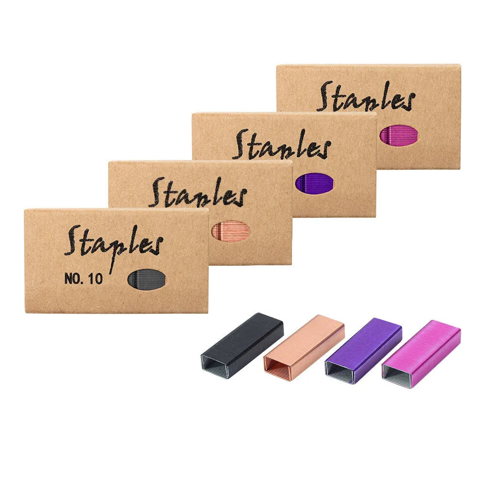 Box containing 1000 metal staples in colours black, purple, rose gold, and rose red.