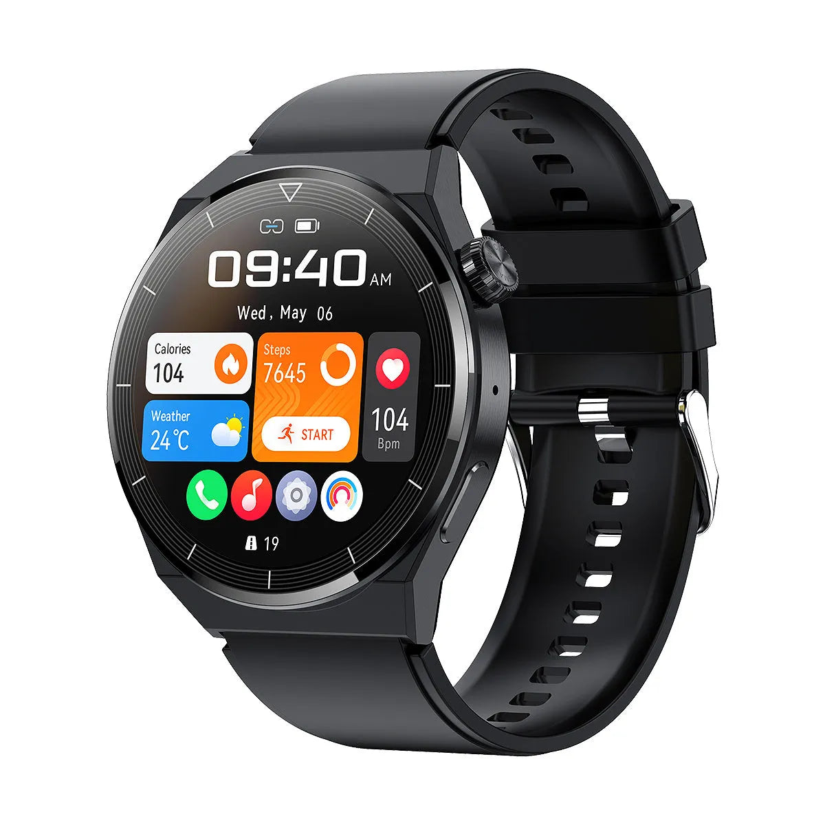Android smart watch with round screen and silicone band showing Bluetooth and NFC functionality