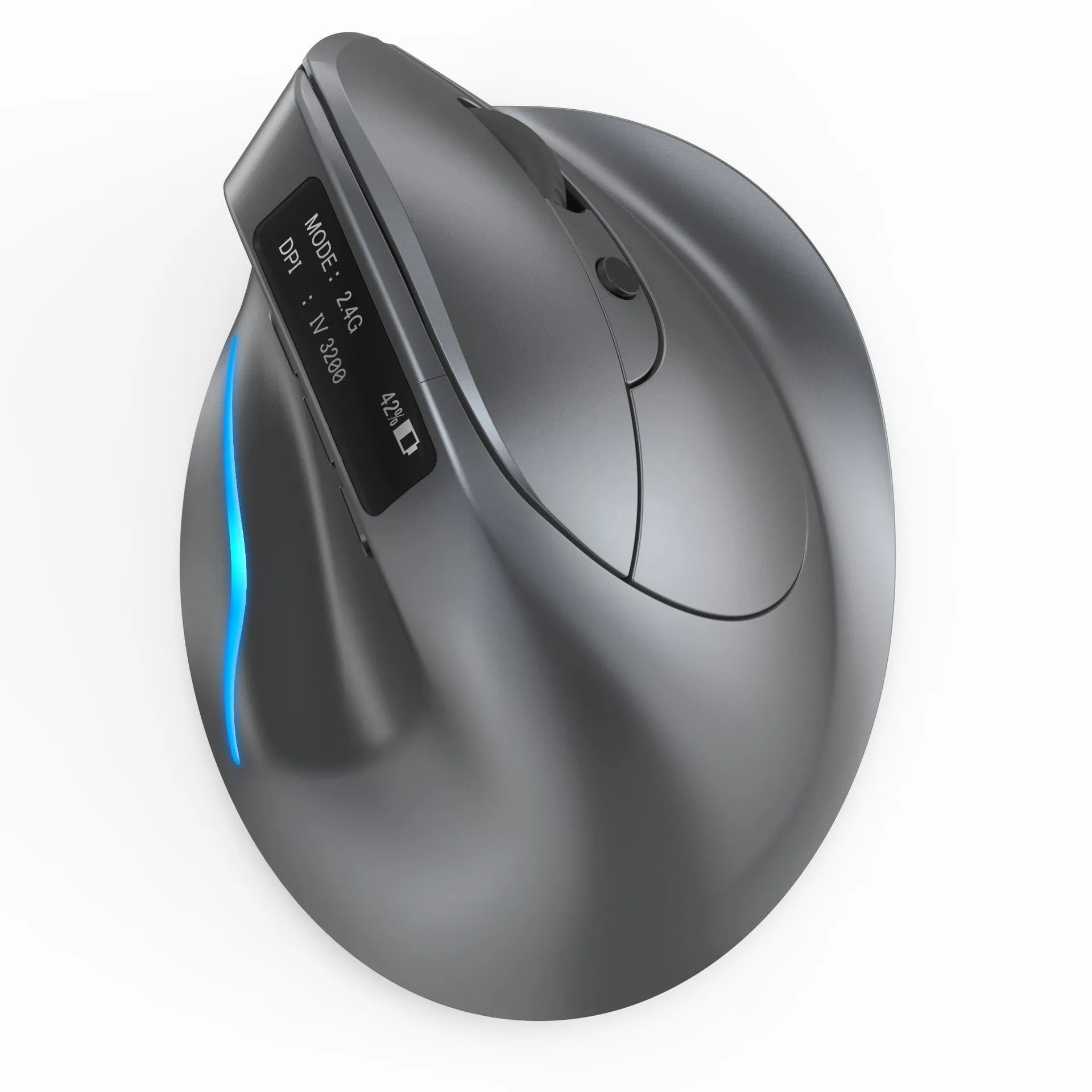 Grey vertical ergonomic mouse with Bluetooth connectivity and self-charging capability