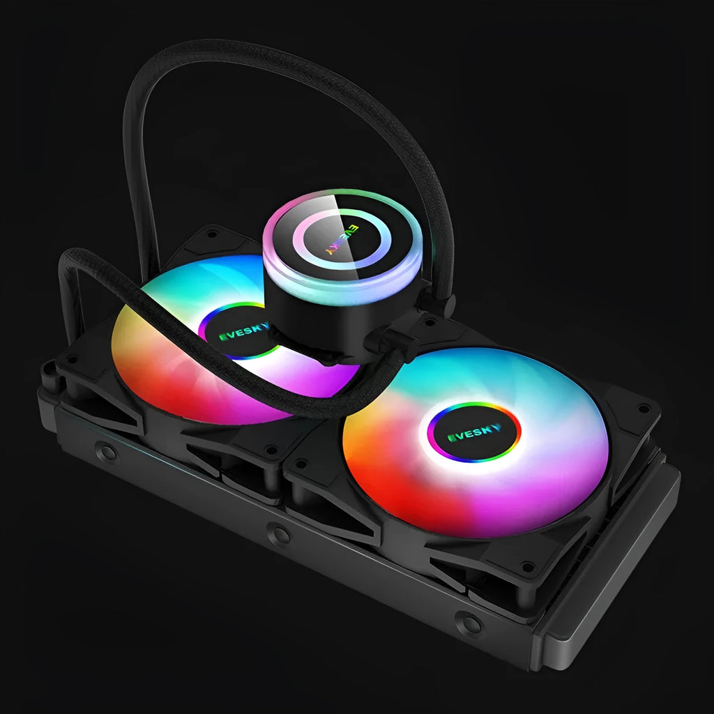 CPU radiator cooler with RGB lighting for gaming PC, available in multiple sizes including 120mm, 240mm, and 360mm