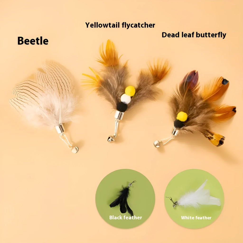 Three steel wire cat toy replacement heads with small flying insect designs and scratch-resistant coating