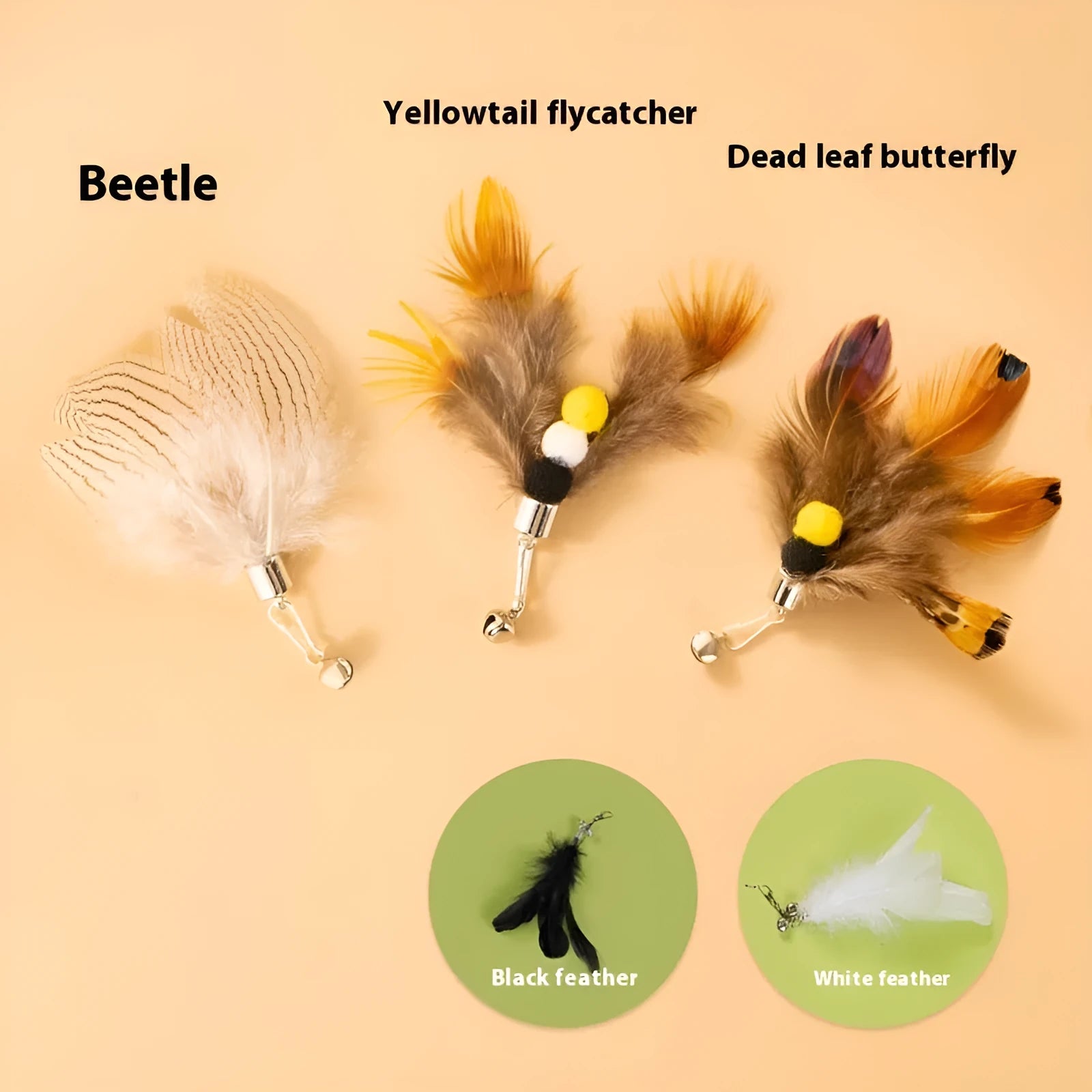 Three steel wire cat toy replacement heads with small flying insect designs and scratch-resistant coating