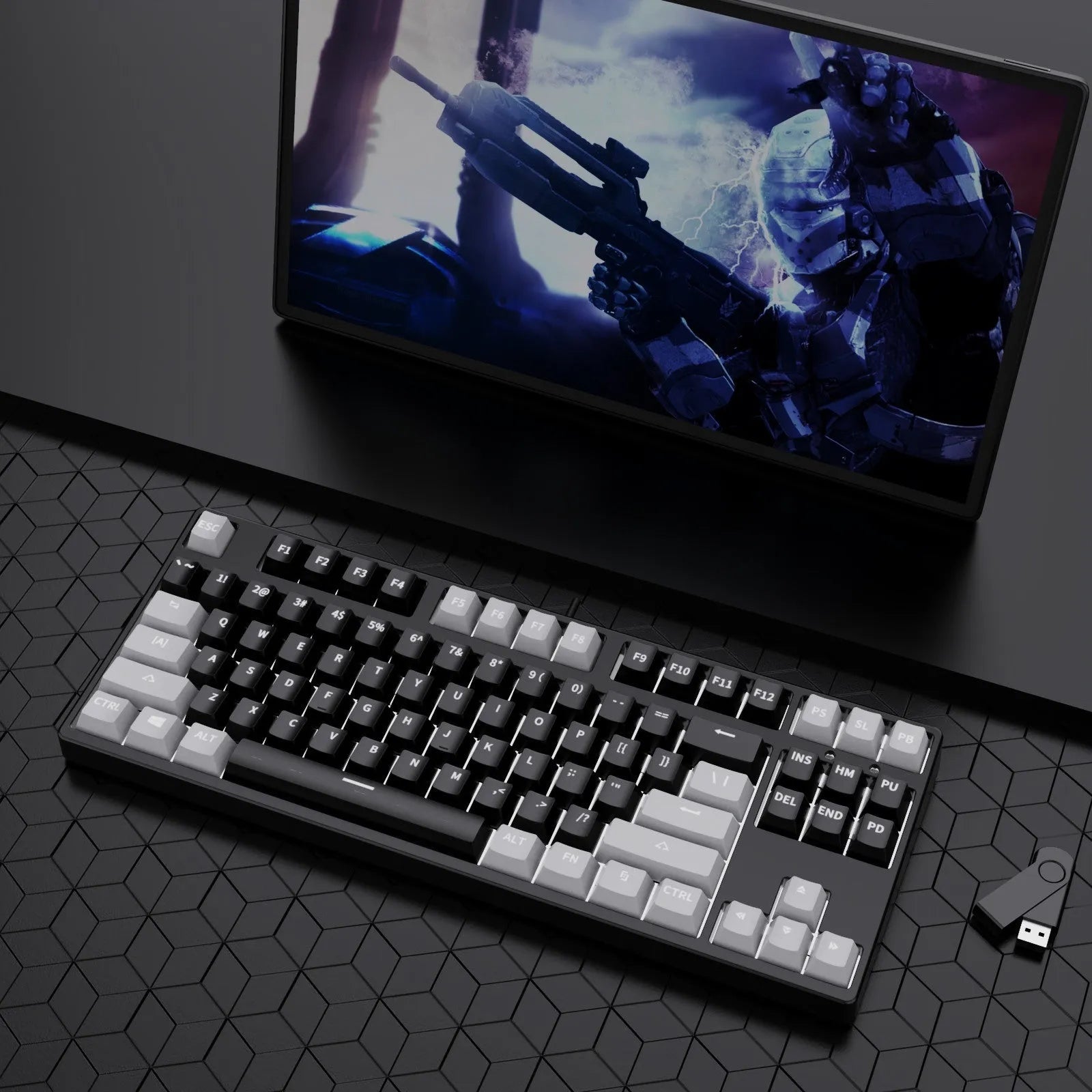 87-key wired mechanical keyboard with two-tone keycaps in orange and yellow colour combination