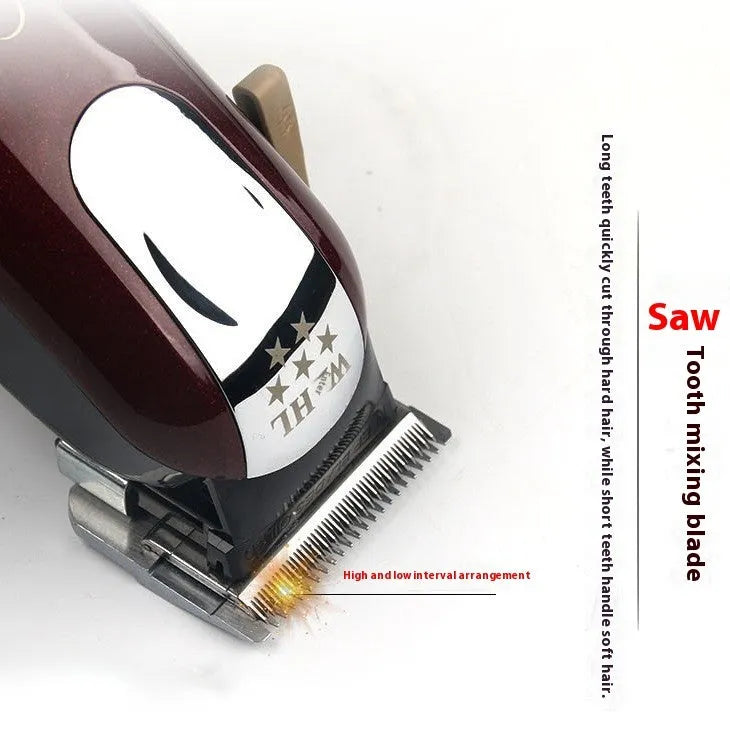 Charging hair clipper with stainless steel cutter head on a white background.
