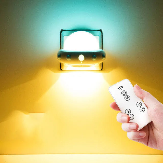 Remote control UFO bedside night light in blue, pink, or white with LED illumination