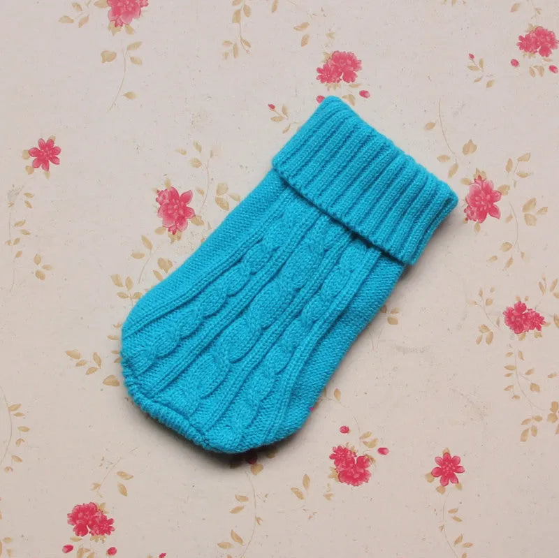 Knitted wool dog sweater with fabric buttons, available in eight colours and sizes XS to XXL