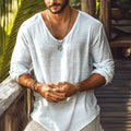 Beige slim fit V-neck long-sleeved t-shirt made from hemp blend fabric