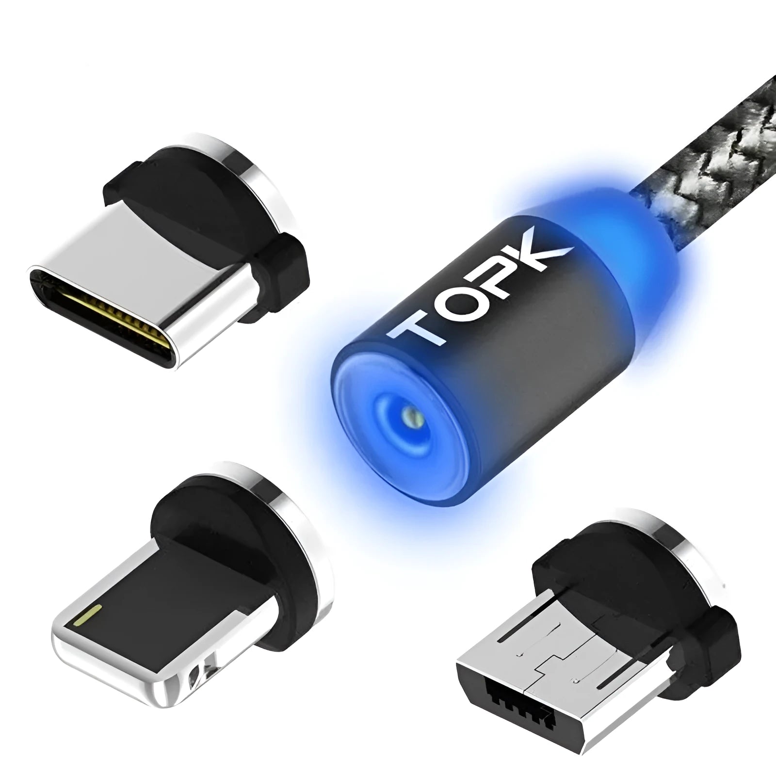 Magnetic charging cable with three magnetic plugs for Android, Apple iPhone and Type-C devices on a white background.