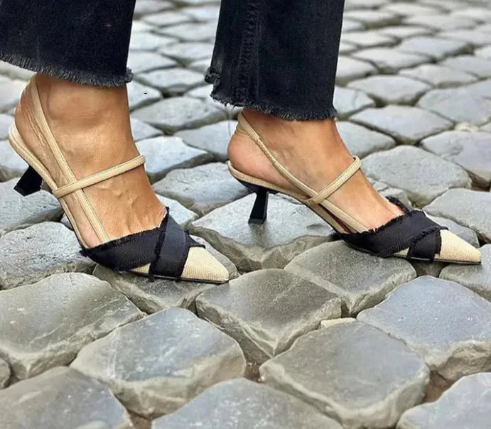 Women's pointed toe stiletto sandals with colour block design, buckle fastening, and 6-8cm heel in apricot and black