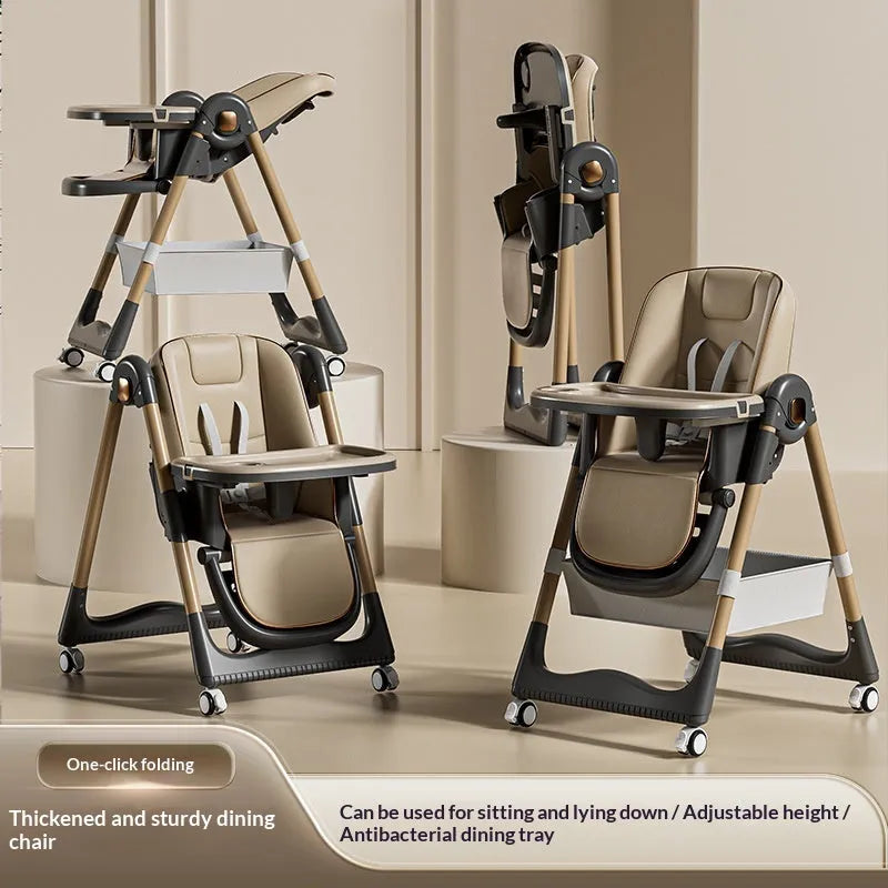 Adjustable baby dining chair with metal frame for babies over 6 months, shown in brown, white, grey, pink, or green.