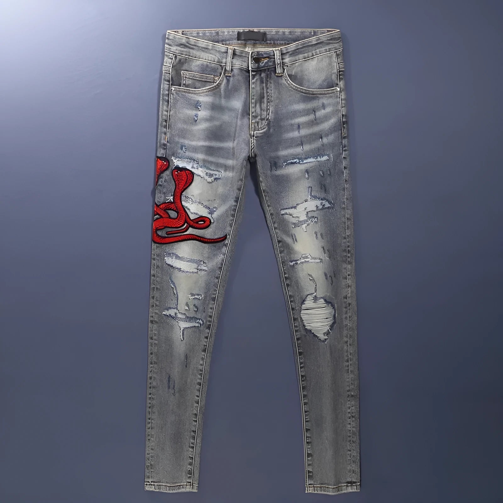 Old colour slim fit jeans with washed-out hole patch embroidery and micro-elasticity cotton fabric