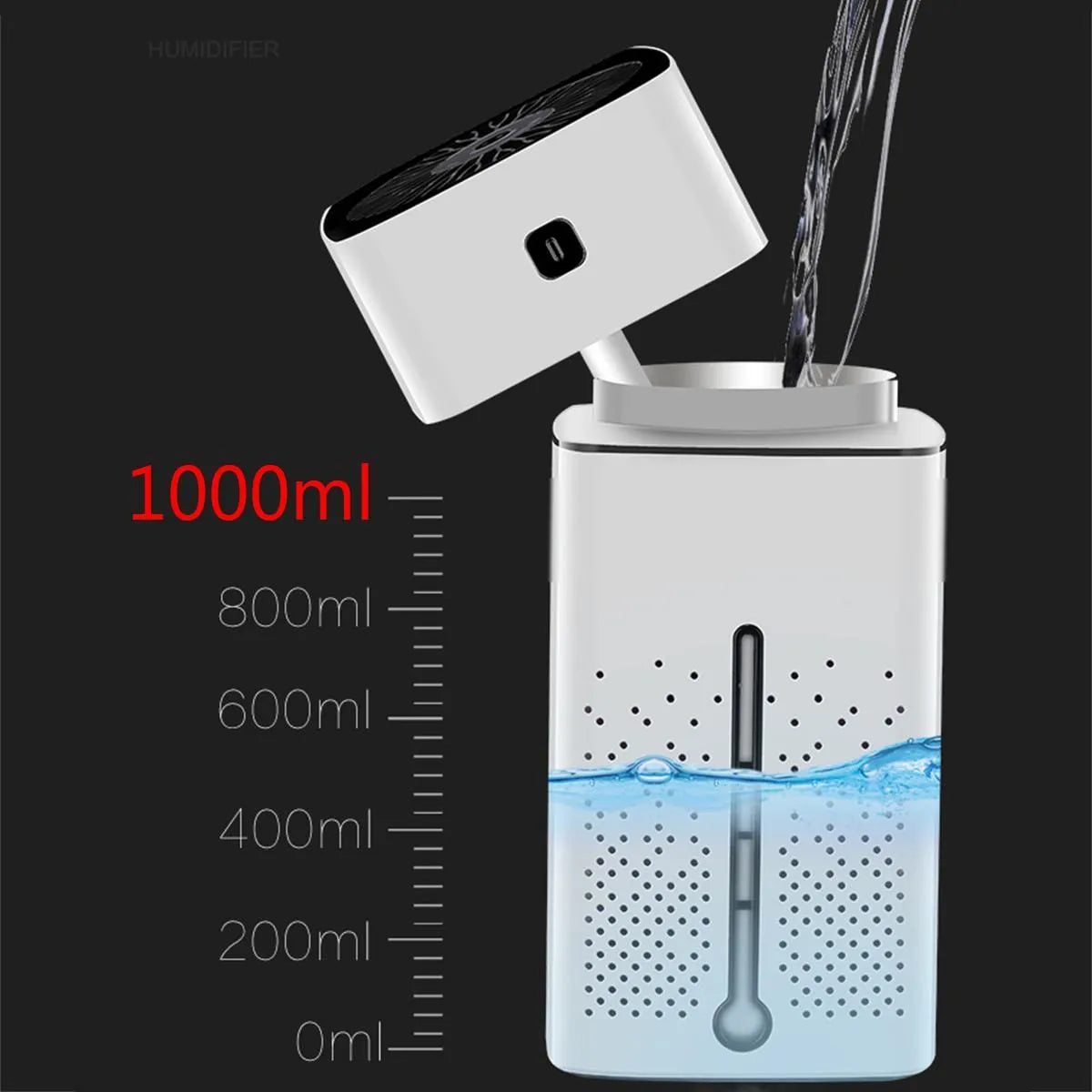 Black and white desktop humidifier with USB-C port, 1000ml water tank, showing compact size for office use.