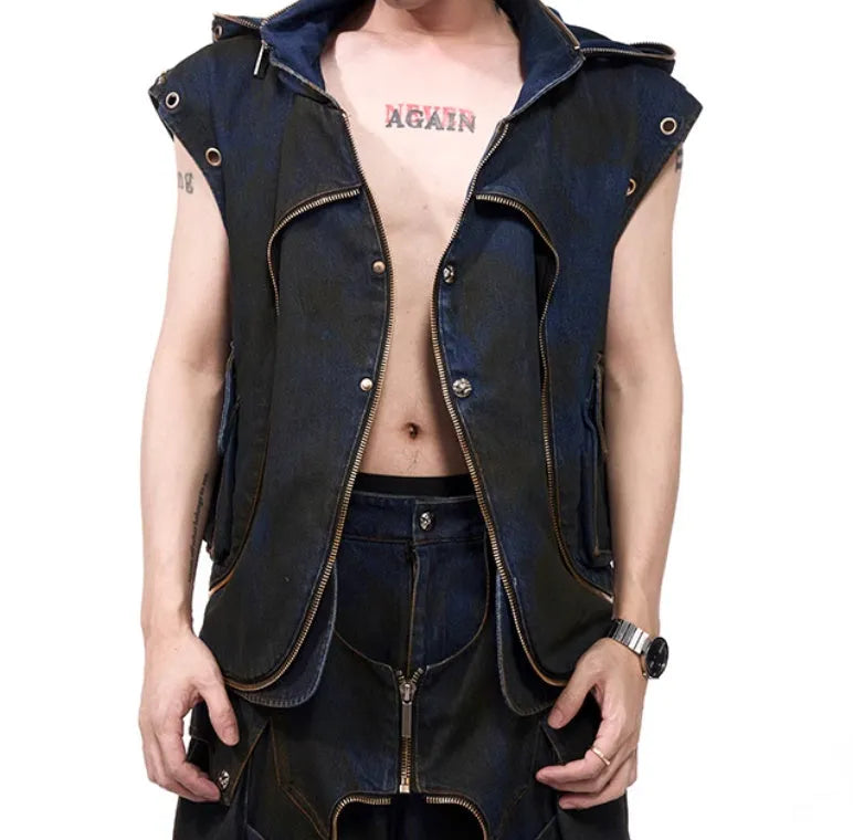 Blue Korean-style hooded denim vest coat and matching trousers two-piece set