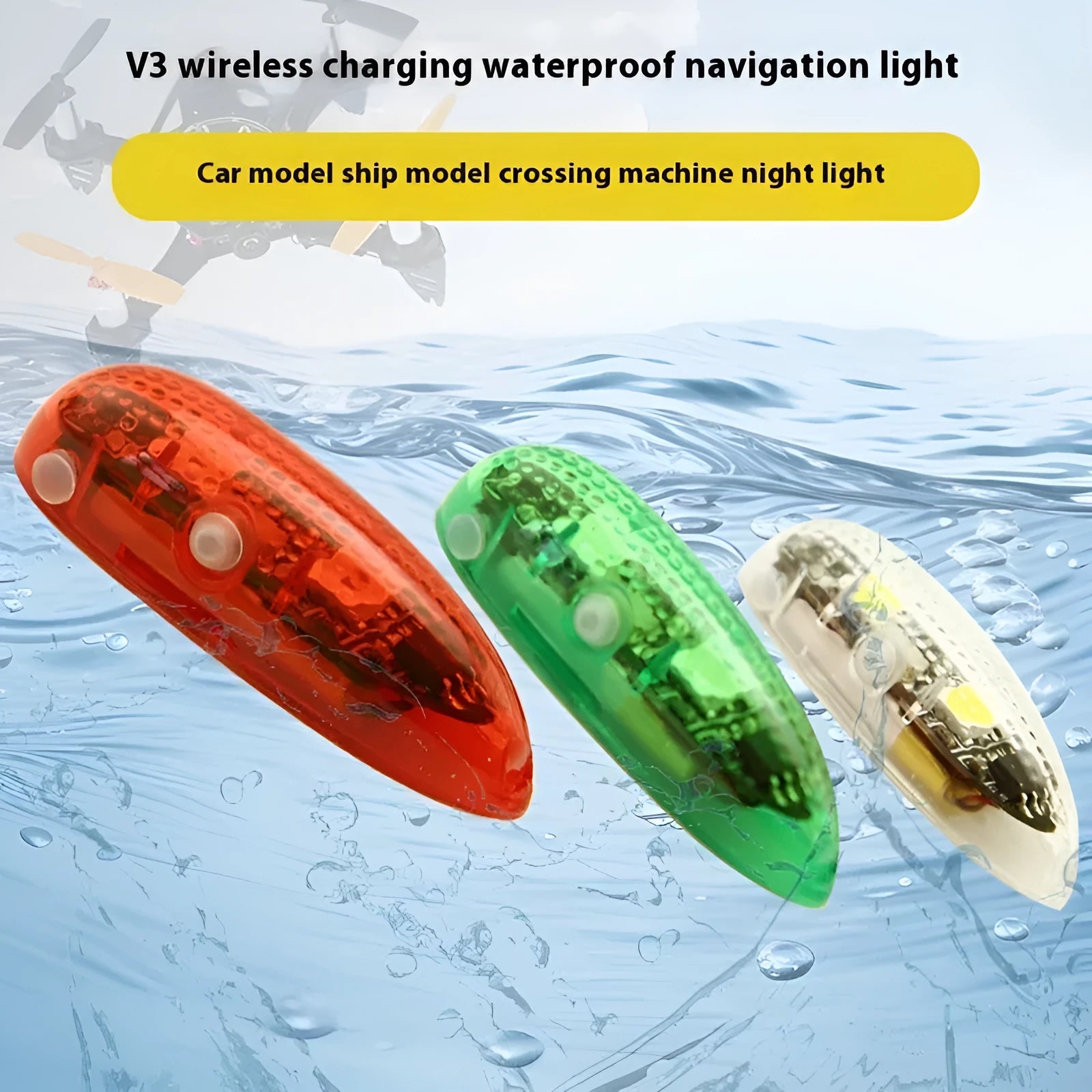 V3 wireless charging waterproof navigation light for model cars and ships, shown in green and red.